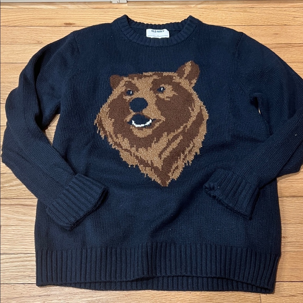 Old Navy Men's Dark Blue Sweater with Bear Motif